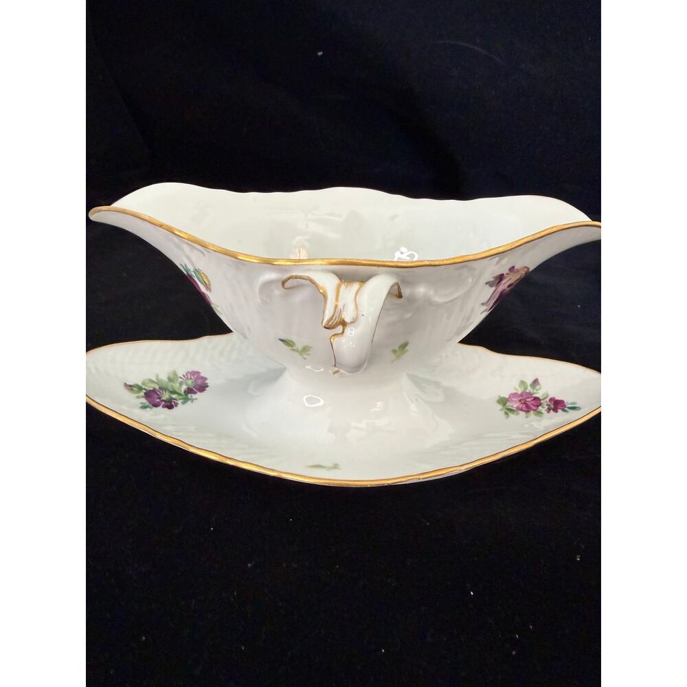 Royal Copenhagen Saxon Flower Gravy Boat Attached Underplate Gold Trim Denmark